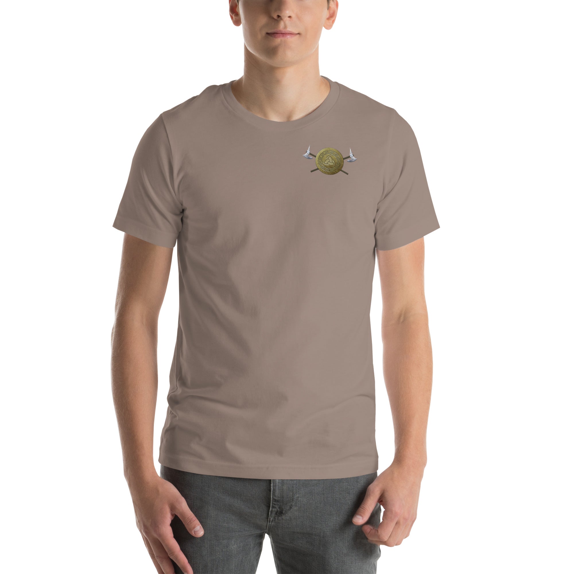 Person wearing a tan t-shirt small gold Viking Spirit design.