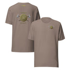 Pebble tan t-shirt with gold 'Viking Spirit' design small on front, large on back.