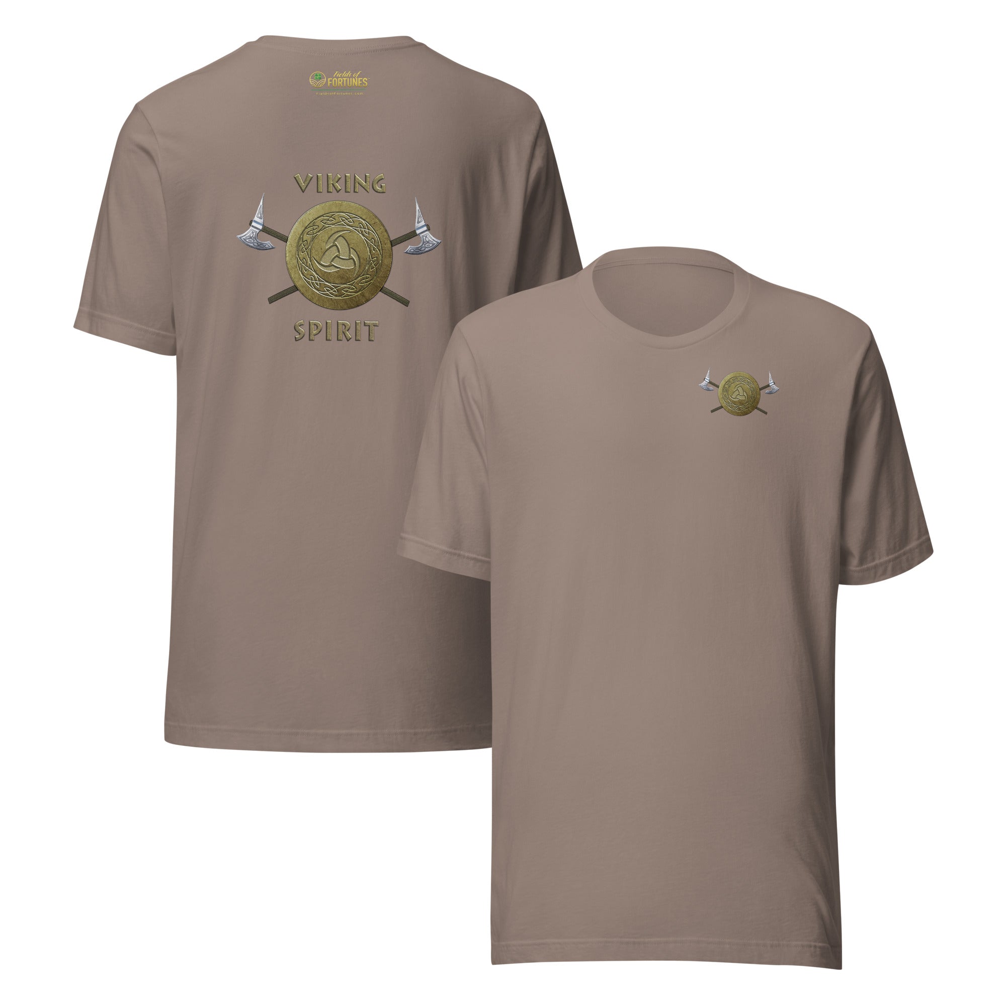 Pebble tan t-shirt with gold 'Viking Spirit' design small on front, large on back.