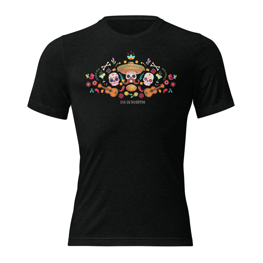 Black t-shirt with colorful graphic design of three amigo skulls with guitars, flowers and ornaments. 