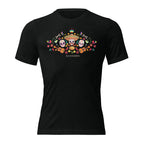 Black t-shirt with colorful graphic design of three amigo skulls with guitars, flowers and ornaments. 