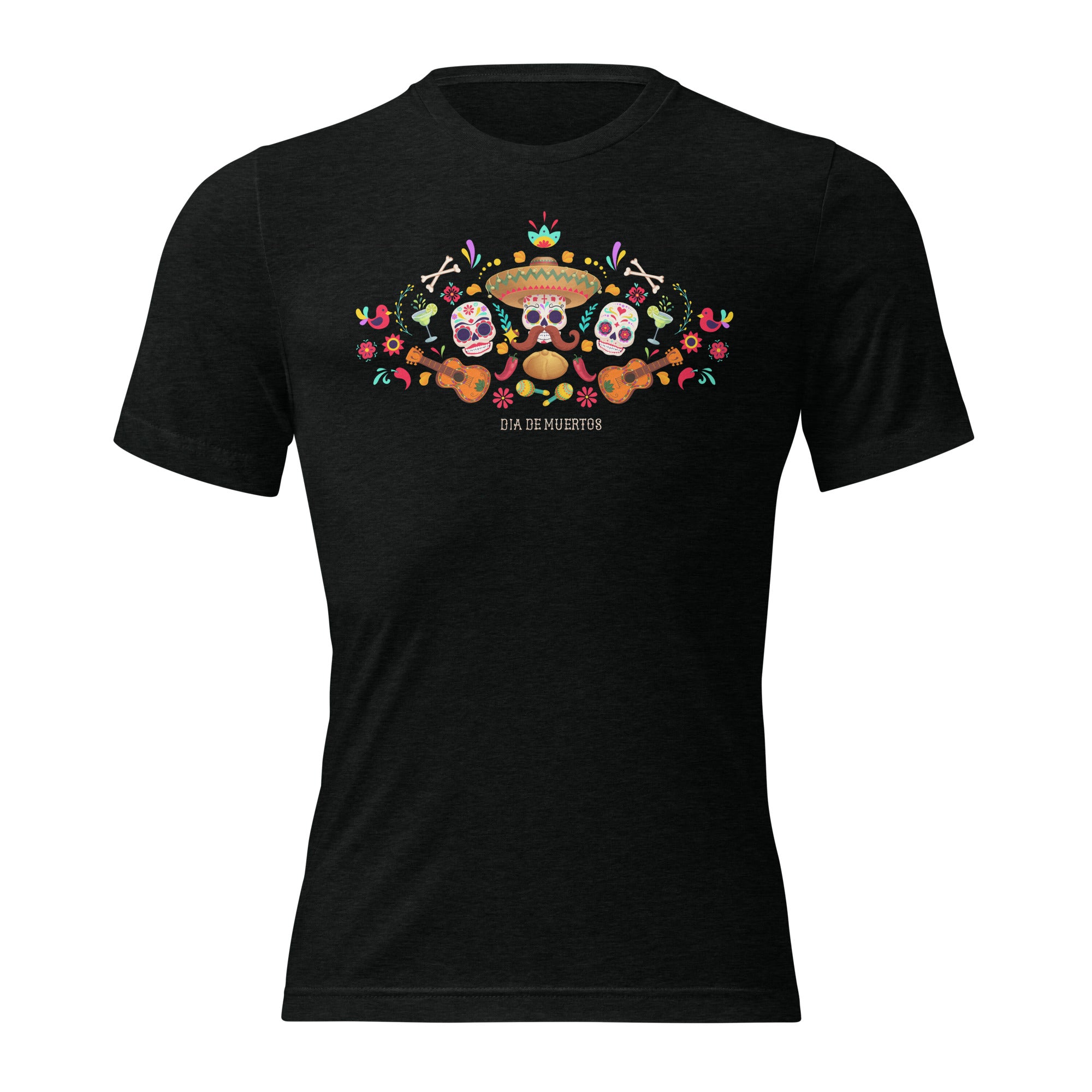 Black t-shirt with colorful graphic design of three amigo skulls with guitars, flowers and ornaments. 