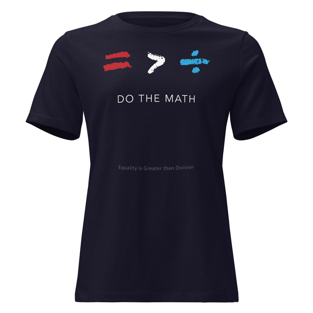 Navy t-shirt with mathematical symbols  equality is greater than division - DO THE MATH.