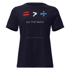 Navy t-shirt with mathematical symbols  equality is greater than division - DO THE MATH.