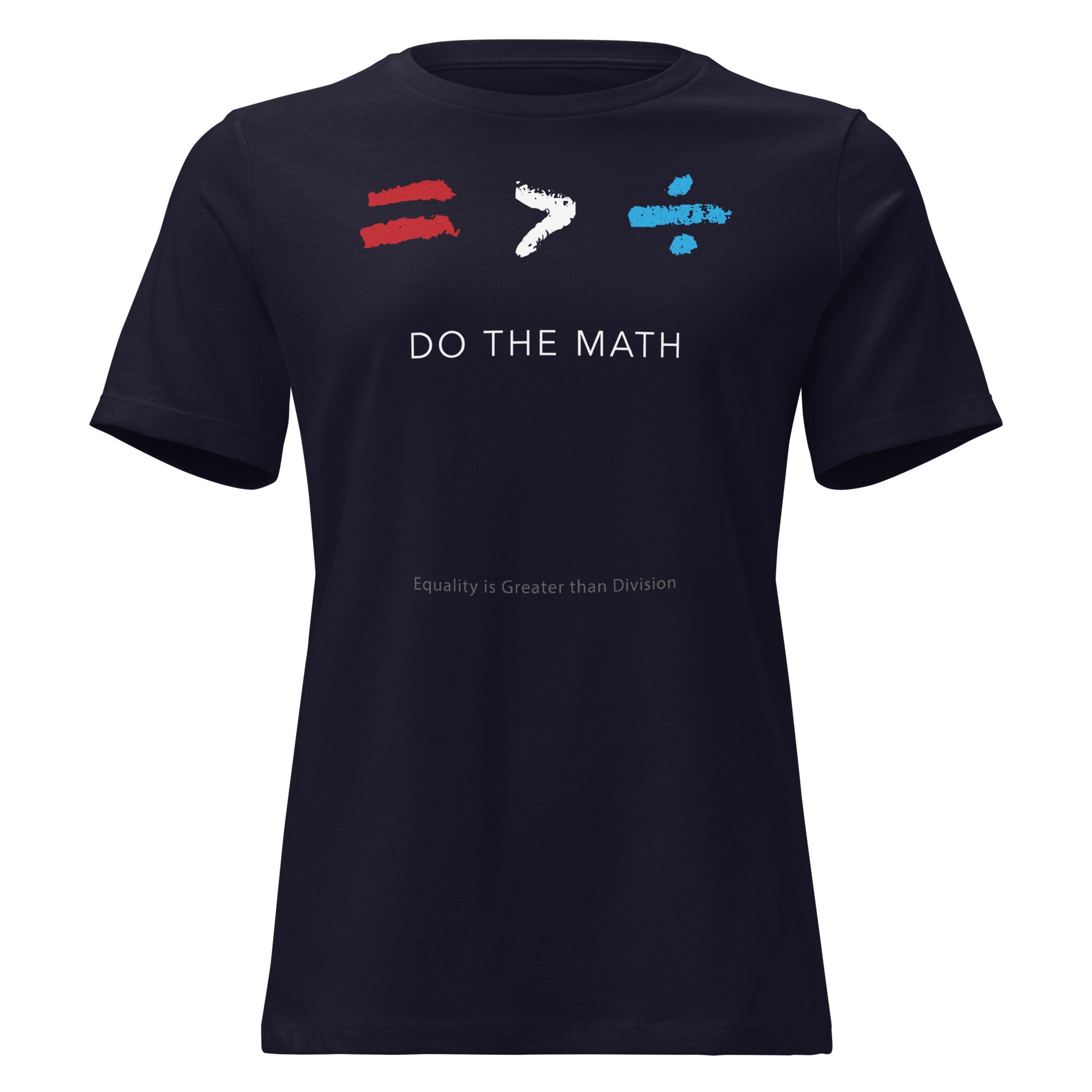 Navy t-shirt with mathematical symbols  equality is greater than division - DO THE MATH.