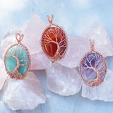 Tree of Life Pendants in Adventurine, Carnelian and Amethyst.